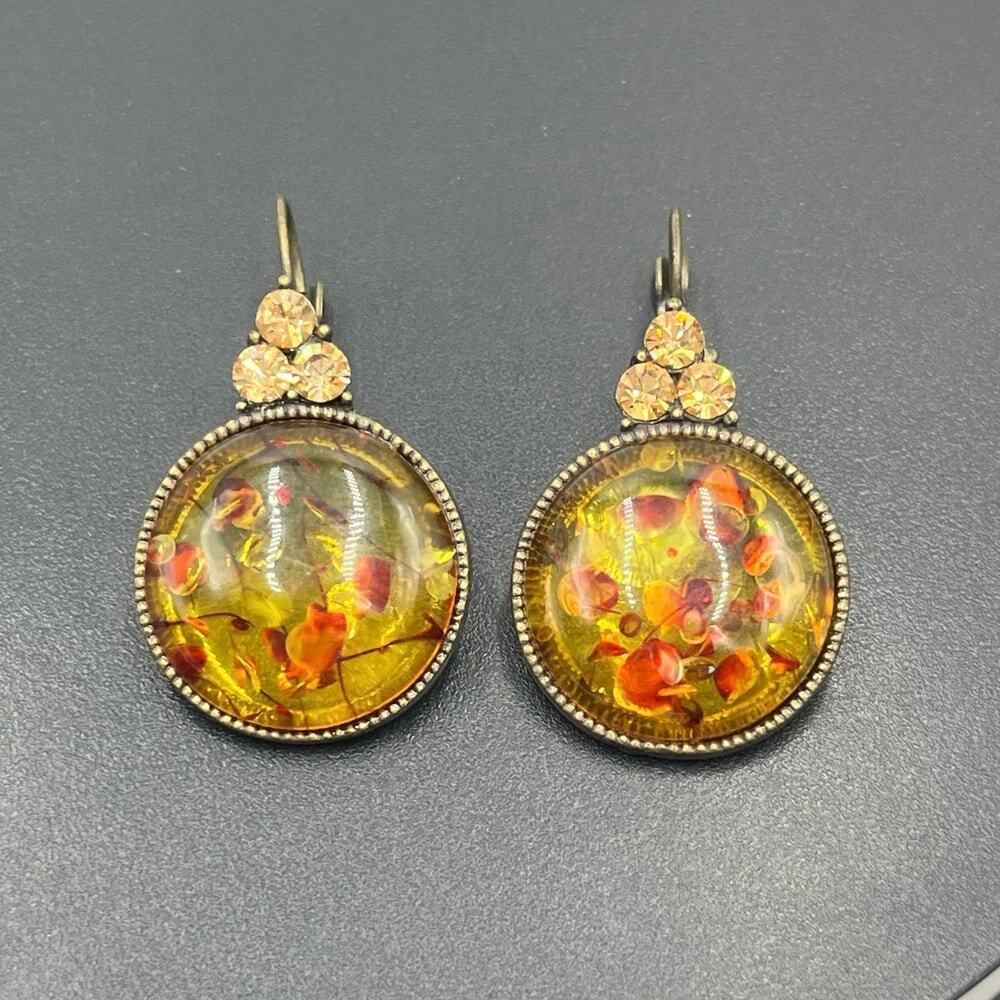 Vintage Style Floral Resin Drop Possibly Glowing‎ Amber Leverback Brass Earrings